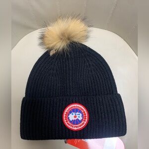 Canada Goose Black Knit Beanie with Fur Pom